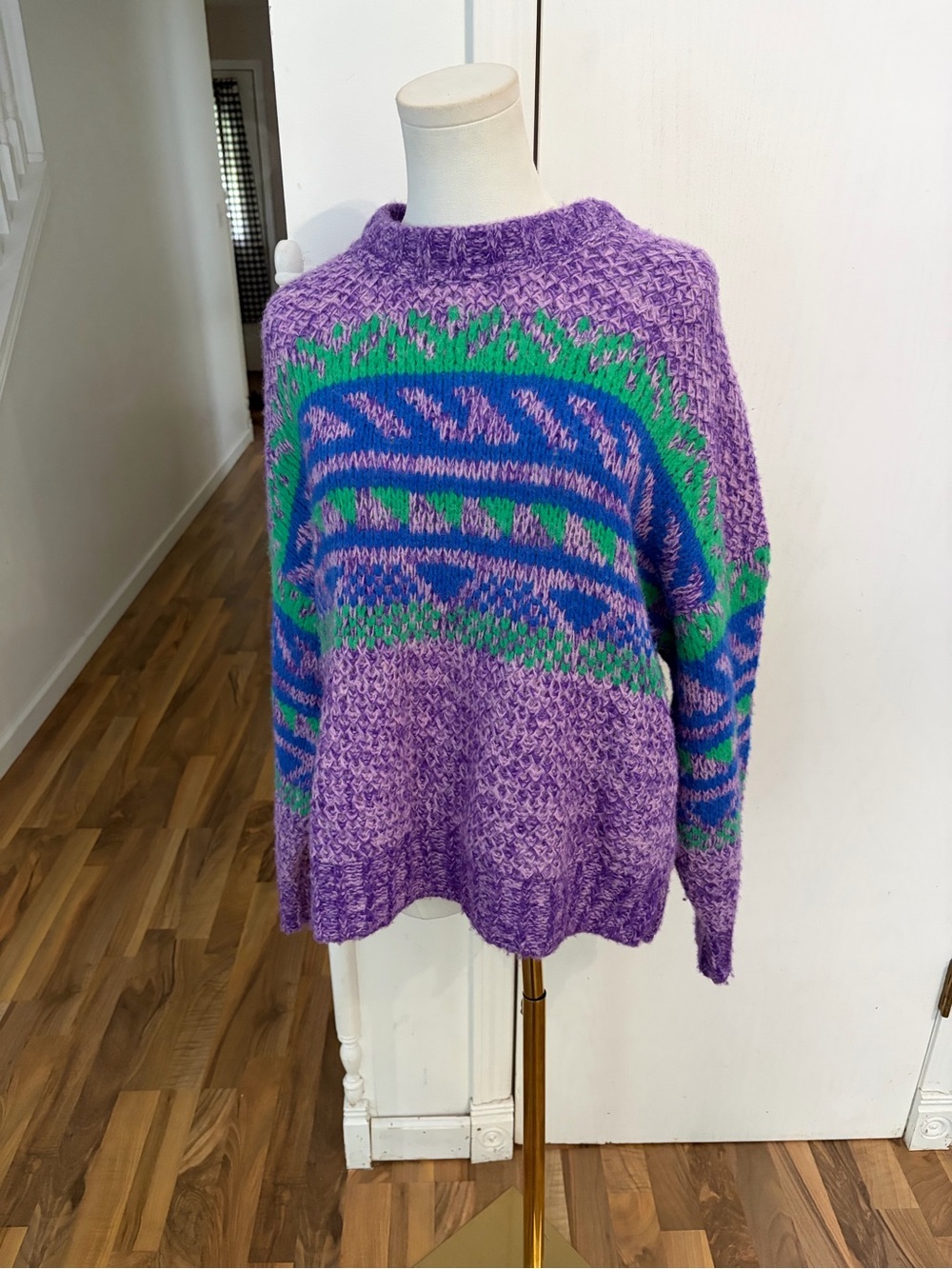 XiRENA Purple Alpaca Sweater Fair Isle Blue & Green, Oversized XS, Like New